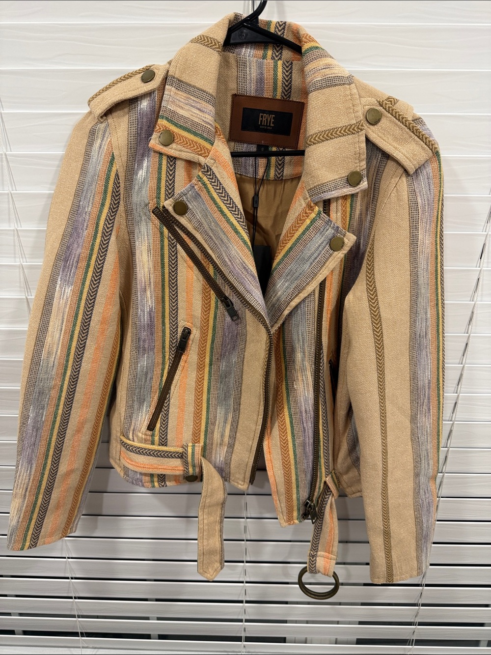 Frye Carly Stripe Print Burlap Ikat Moto Jacket